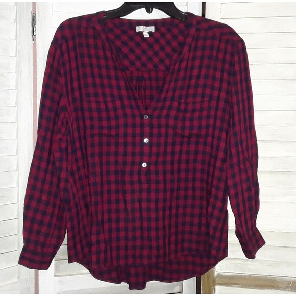 Joie Women's Blouse Size Small Hi-Low Henley Light Weight Flannel Red Black - Picture 1 of 6